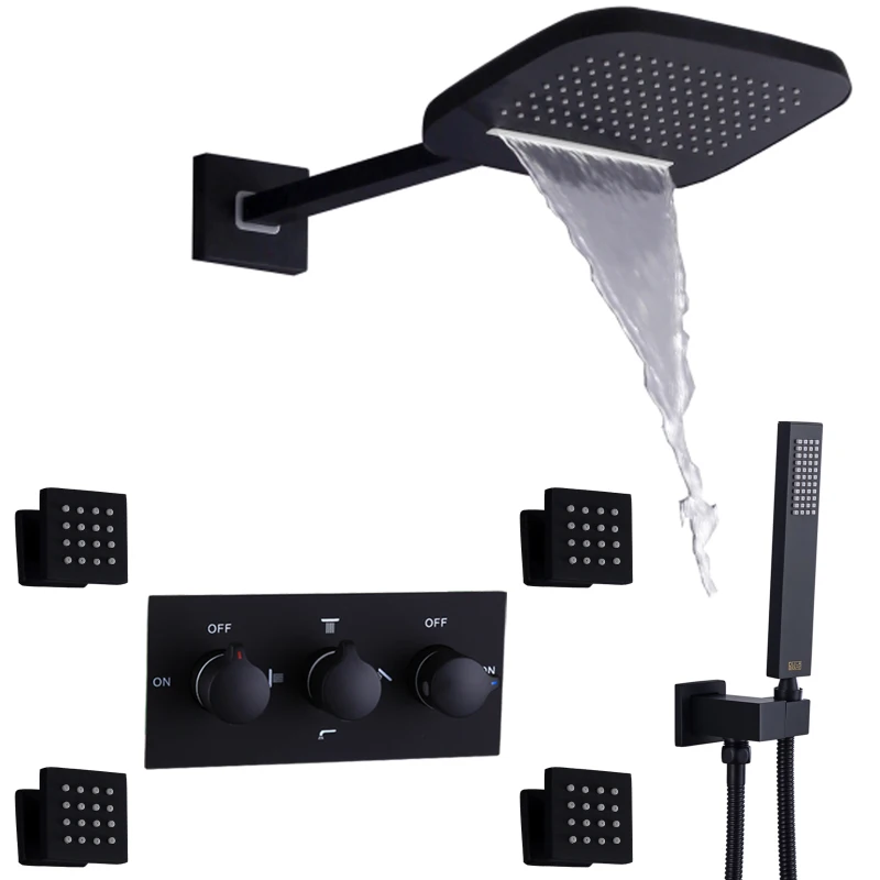 Matte Black Shower System With Wall Mounted Waterfall And Rain Shower Head Brass Body Message Jets