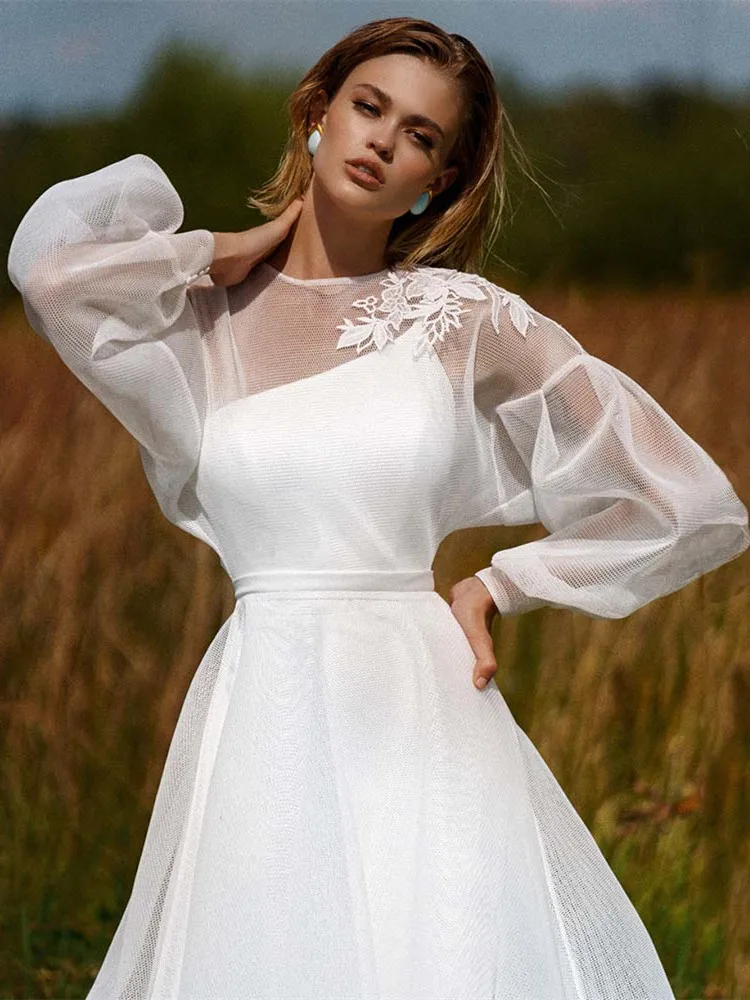 Eine Schulter EINE Linie Hochzeit Kleid 2021 Volle Puff Ärmeln Backless Abnehmbare Sweep Zug Appliques Tüll Robe De Mariée Einfache