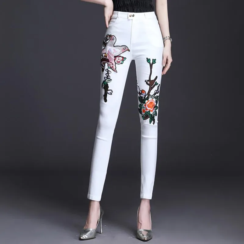 

Fashion Bird Embroidery Skinny Jeans Women Cotton Stretch Slim High Waist Denim Pencil Pants Ladies Trousers s984