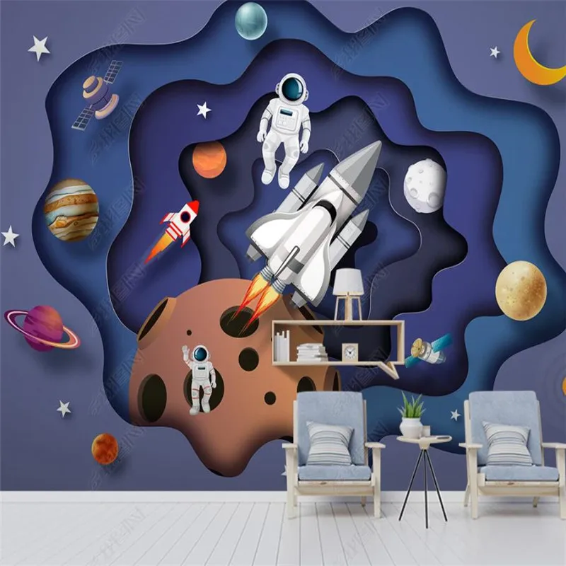 

Custom Size Space Astronaut 3D Photo Wall Paper Rocket Planet 3D Stereo Children's Room Murals Kids Room Self-adhesive Wallpaper