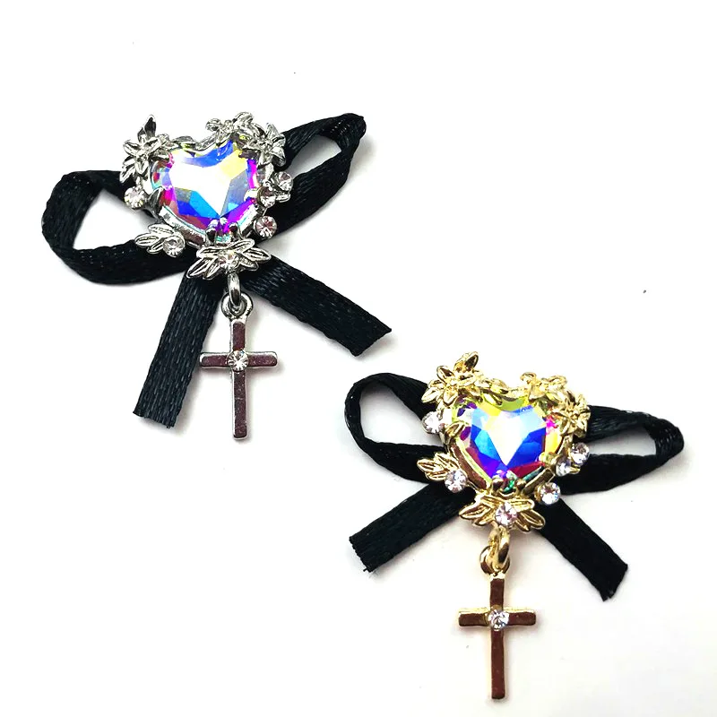 5Pcs Nail Art AB Heart Crystal Rhinestones Decoration Black Lace Alloy Cross Dangle Pendant For Japanese 3D Nail Accessories