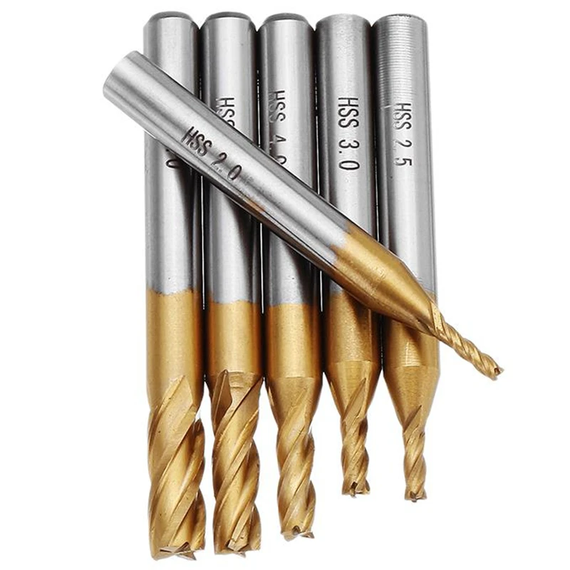 6pcs Set di frese 2-6mm rivestimento in titanio HSS 4 flauto fresa metrica fresa 6mm codolo cilindrico Set di punte per trapano CNC