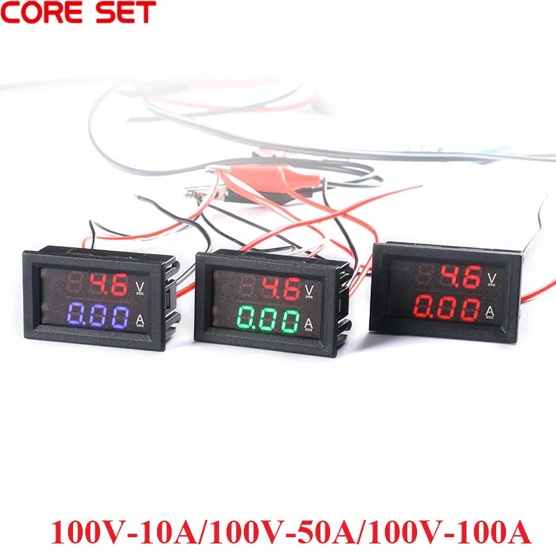 Dual Display Digital Voltage Meter Current Meter 100V 10A 50A 100A LED Dual Display Red Green Blue 5 Cables for Car Display New