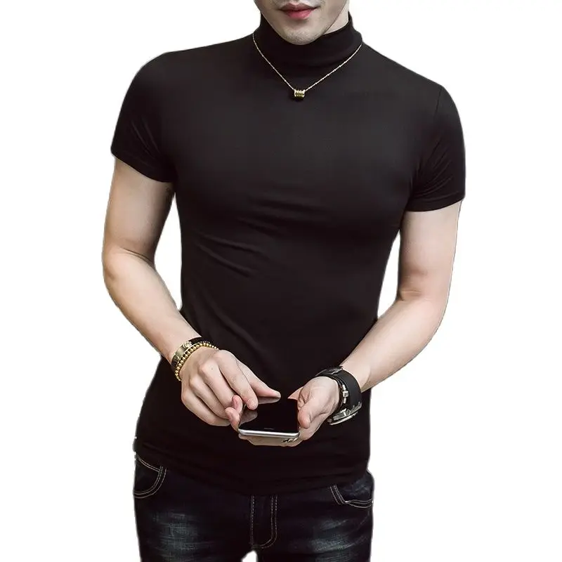 2023 Summer Men Short Sleeve Turtleneck Slim Fit T-shirt Male Solid Black White Tees Shirts Lovers Tshirt