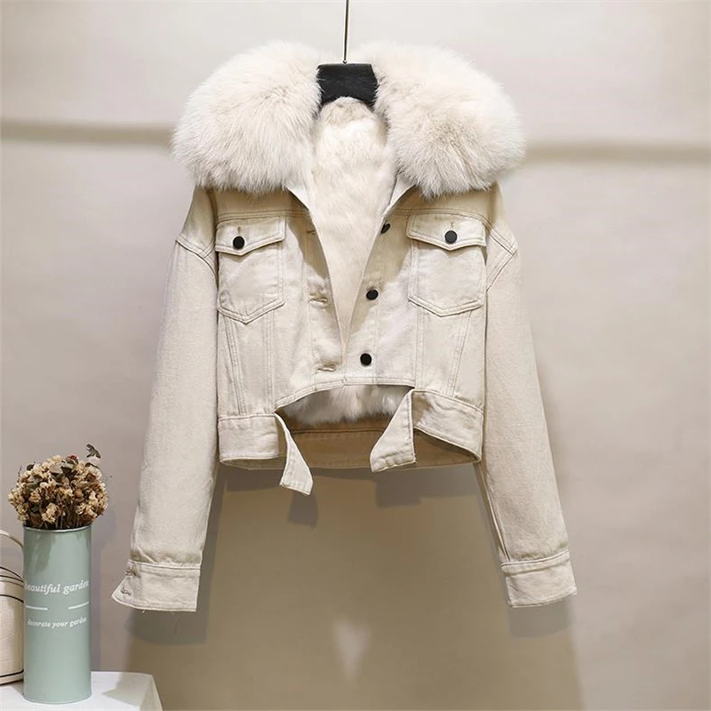 Fashion Denim Overalls Parkas Women Winter Real Fox Fur Collar Rabbit Fur Liner Warm Loose Short Washed Distressed Jacket Female