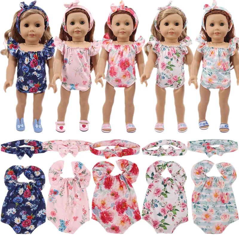 Doll Clothes Swimsuit Lace Style Flower Pattern Same Color Headband For 18 Inch American Doll Girls & 43 Cm New Born Baby Items