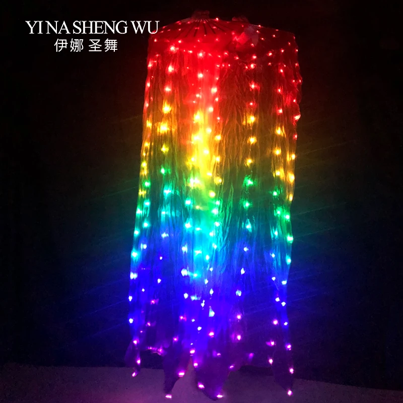 100% seta LED Rainbow Dance Long Fans danza del ventre Performance puntelli danza del ventre danza cinese LED Fans 1 pz/1 paio con batterie