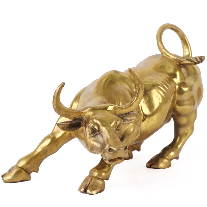 Gold Brass Charging Stock Market Bull Ornament Animal Figurine Wall Street Bull OX Statue Feng Shui Sculpture Home Office Decor