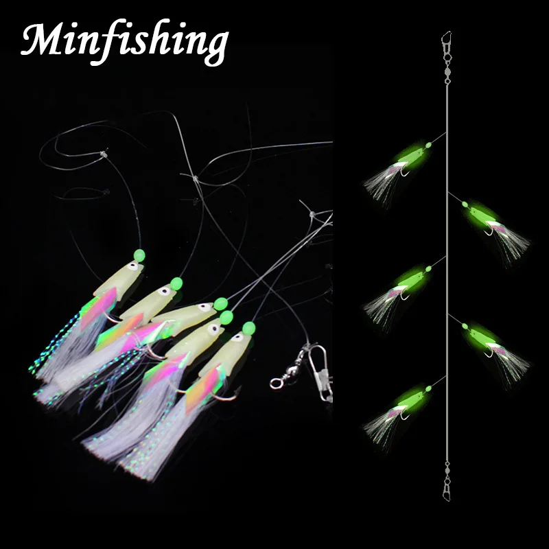 

Minfishing 5 pcs/pack String Hooks High Carbon Steel Barbed Hook with Luminous Soft Lure River Fishing Tackle