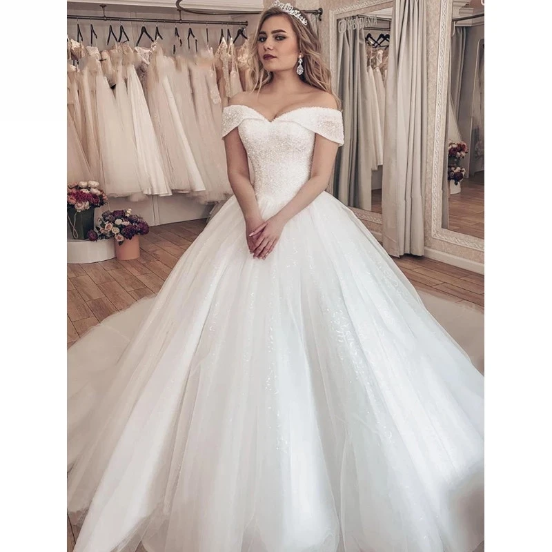 Luxury beaded off the shoulder Wedding Dresses Short Sleeve Back Lace up Court Train Formal Bridal Gowns Tailor-made Dress