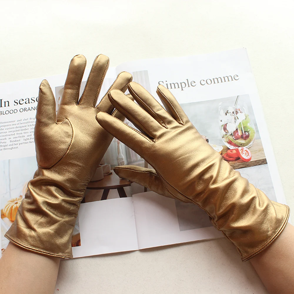 Guantes de piel de oveja para mujer, estilo clásico elástico, forro de terciopelo, invierno, cálido, para conducir y montar al aire libre, de cuero