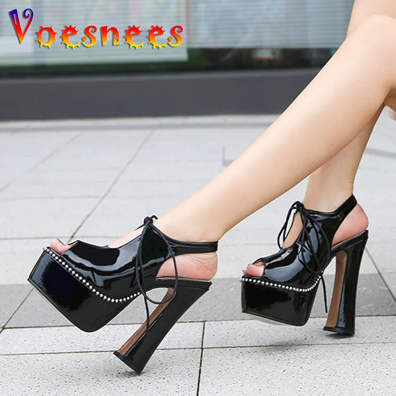 

Voesnees New Ladies High Heels String Bead Platform Design Sweet Style Sexy Fish Mouth Shoes Fashion Hollow Out Lace Up Sandals