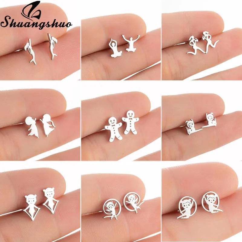 Shuangshuo Fashion Stainless Steel Earrings Tiny Boy and Girls Stud Earrings Cartton Character Jewelry for Women Birthday Gift