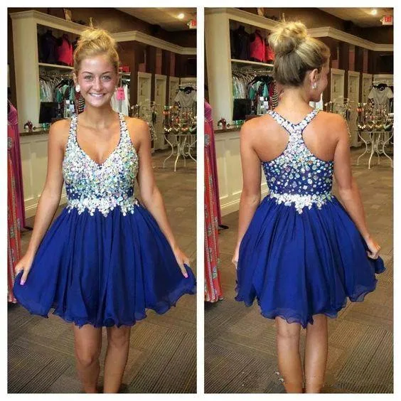 Kristall royal blue Prom Kleider Kurze Heimkehr Kleid Perlen Straps Chiffon Mini Rock 8th grade graduation dresses Strass