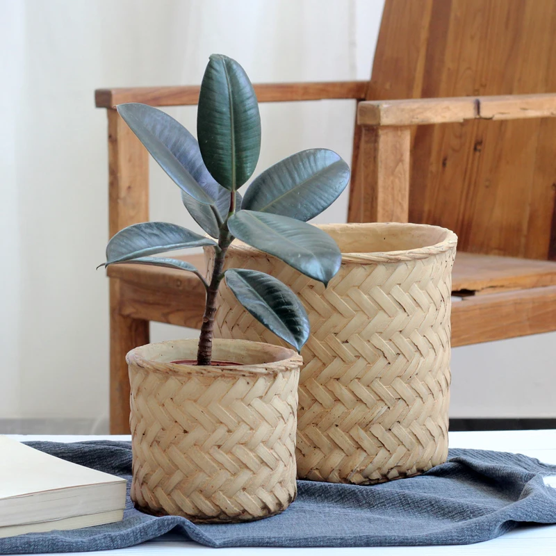 Concrete Flowerpot Silicone Mold Large Cement Plant Pot Mold Imitation Woven Bamboo Rattan Pattern Design Contracted Style Molds