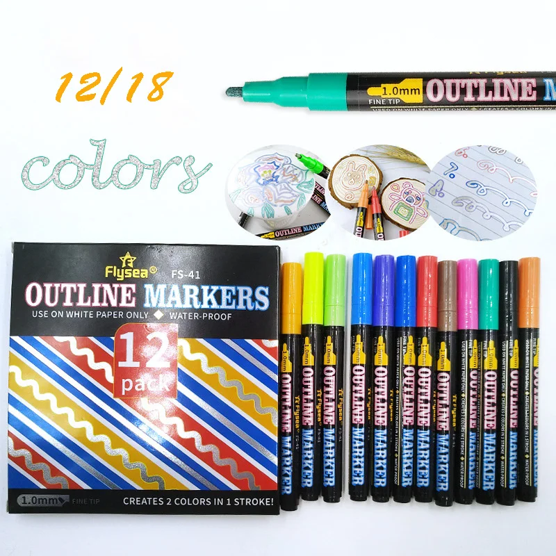 12/18colors Double Line Metallic Marker Pen DIY Album Scrapbooking Painting Sliver Glitter Outline Art Markers