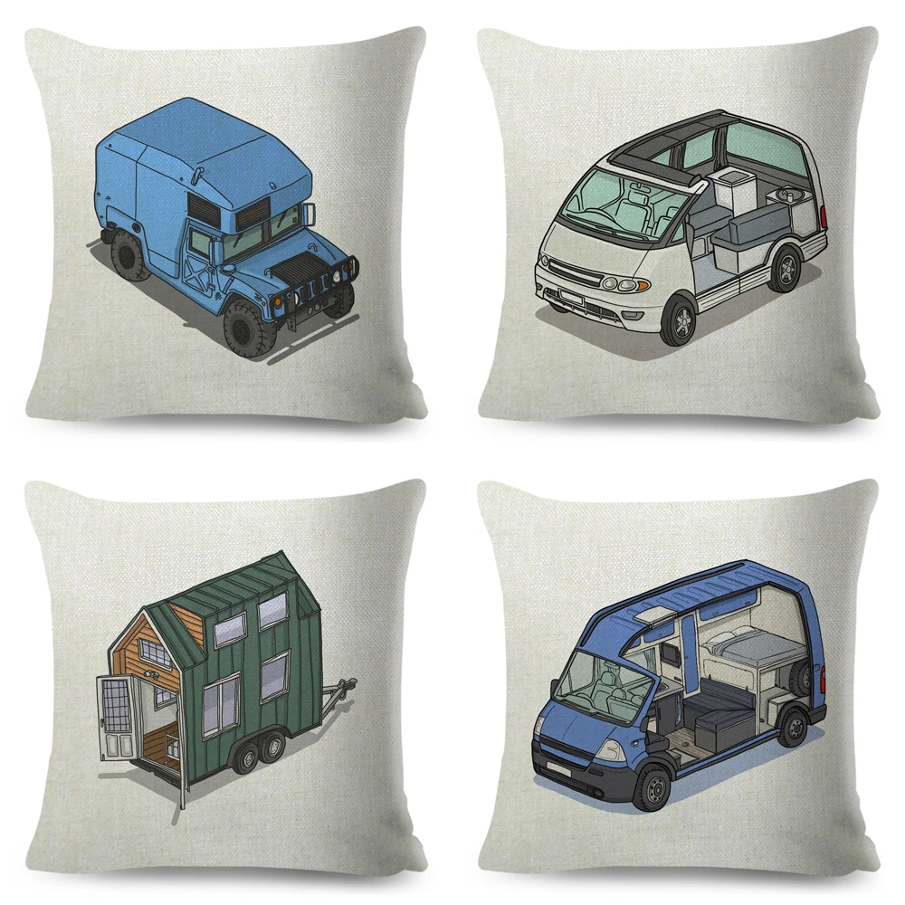 Van Life Pillow Case Decor Cartoon Camper House Travel Car Cushion Cover for Sofa Home Children Room Vanlife Pillowcase 45x45cm