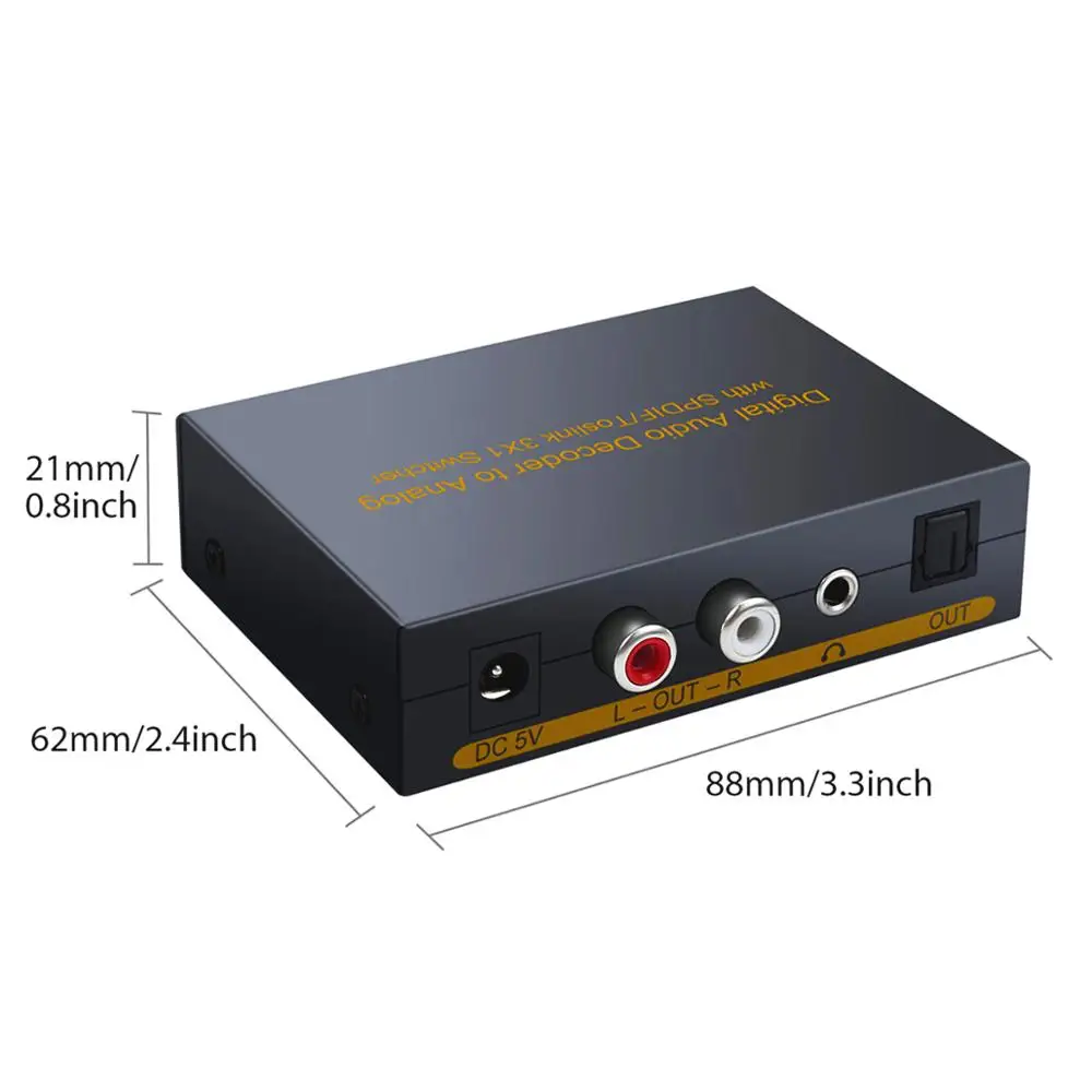 SPDIF Switch 3 Port Digital Audio Decoder to Analog with SPDIF Toslink 3×1 Switcher 5.1 Channel SPDIF 2xRCA 3.5mm jack Headphone