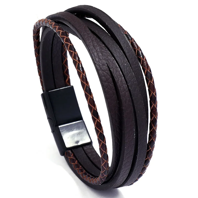 Pulsera de cuero genuino para hombre, brazalete de aleación de estilo OL Simple, cierre magnético, joyería de mano