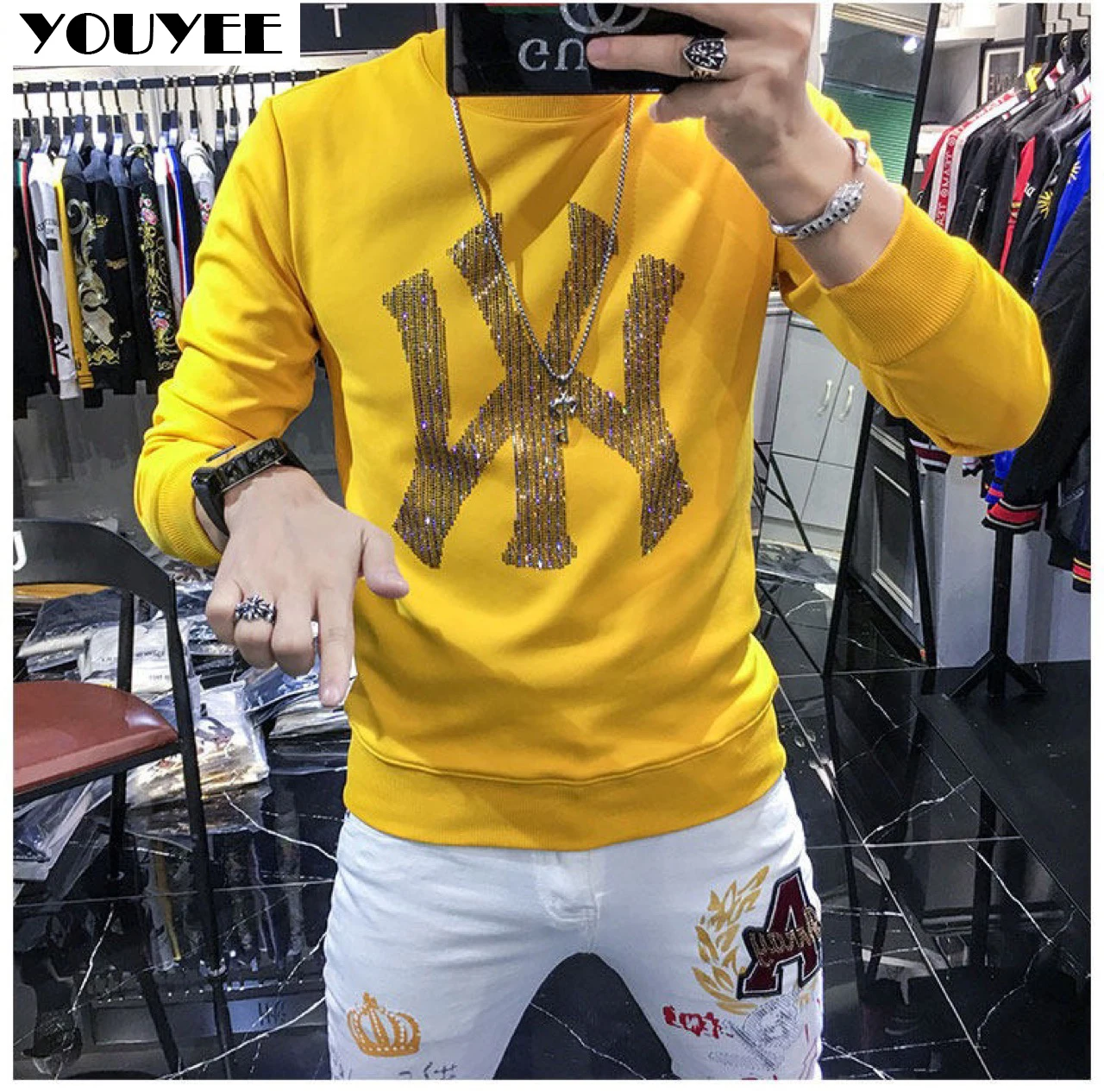 Men's Hoodies Hot Drilling Winter Personalized Slim Pattern Diamond Warm Thick Long Sleeve Pullover Male Sweatshirts Clothing