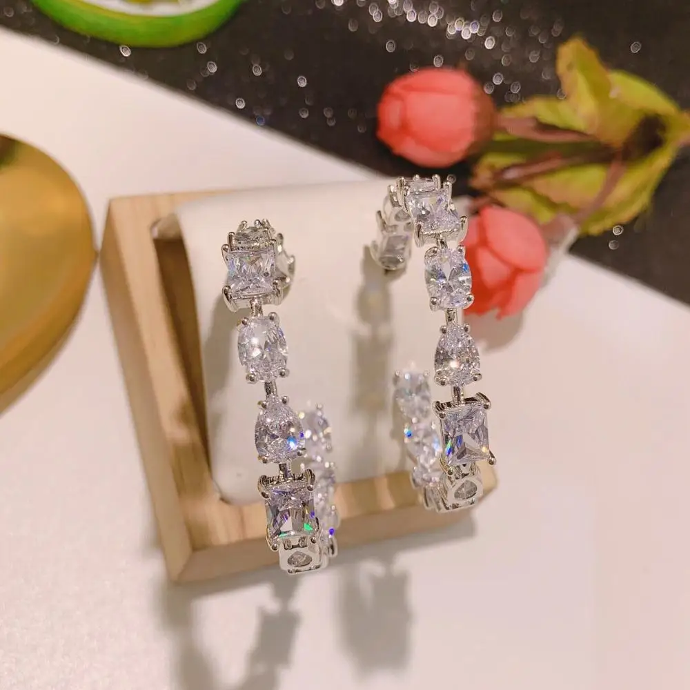 HIBRIDE Luxury Multicolor Cubic Zirconia Big Hoop Earrings for Women Wedding Dubai Trendy Earrings boucle d'oreille femme E-814