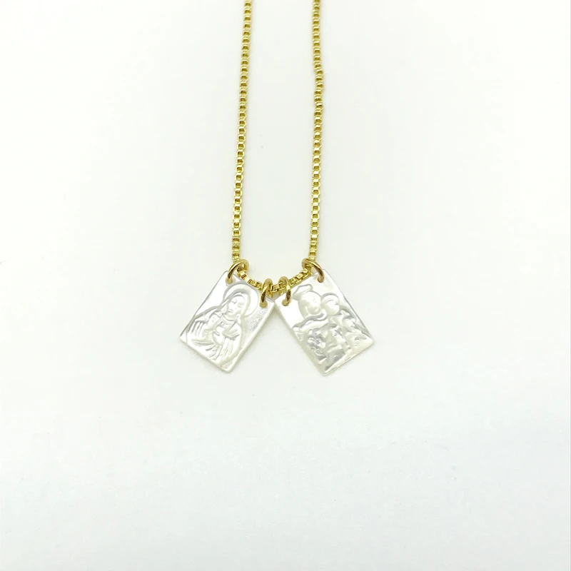5pcs/lot Religion Jewelry Blessed Virgin Mary Rectangle Shell Double Pendants Box Chain Necklaces