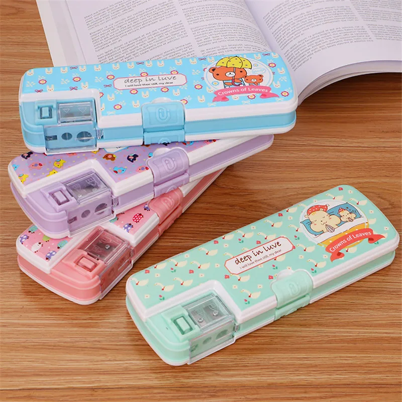 Double Layer Square Cartoon Pencilcase With Sharpener Student Creative Stationery Pencil Box Case Children Prize Party Gift