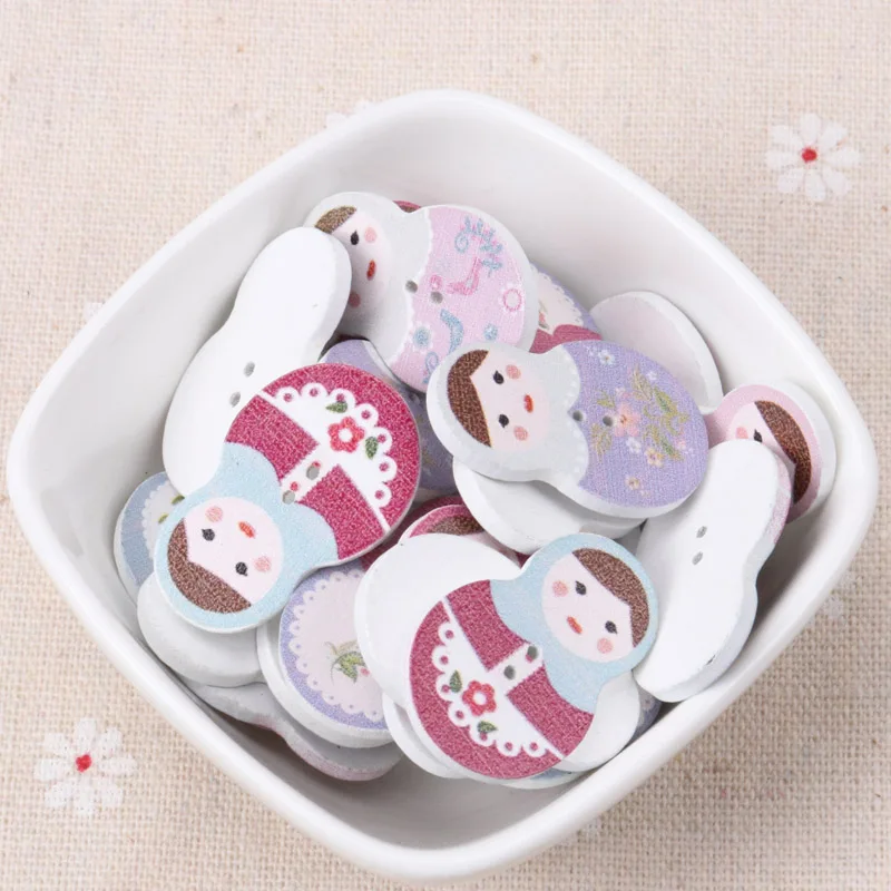 Button accessories for clothes Mix Cartoon Russian doll Wooden Buttons Botones Handmade Accessories Decoration  30x20mm 20pcs