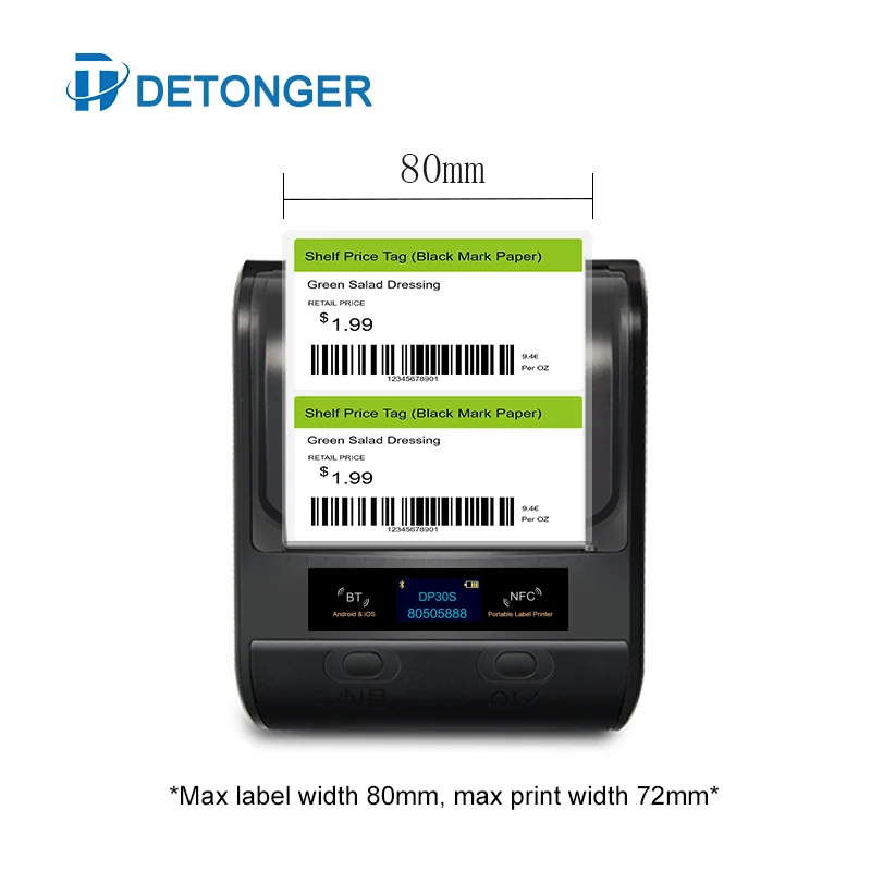 DETONGER DP30S 30-80mm Mini Portable Thermal Printer Plus 4 Rolls Black Mark Label Sticker BT Barcode Maker  Android / iOS