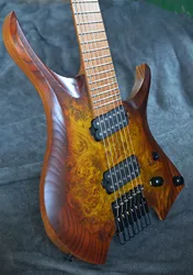 2021 new Fanned frets 7 Strings Headless Electric Guitar  brow burst color  Roasted Maple Neck Ergonomic asymmetric neck