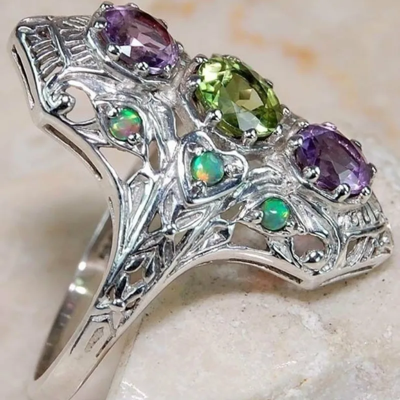 Luxury Gorgeous Women Jewelry Imitation Green Opal Purple Olive Zircon Bridal Rings for Wedding Engagement Set Gifts