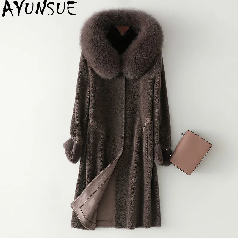 

AYUNSUE 100% Sheep Shearling Women's Jacket Woman Real Fur Coat Female Natural Fox Fur Collar Hooded Long Wool Jackets Hiver 927