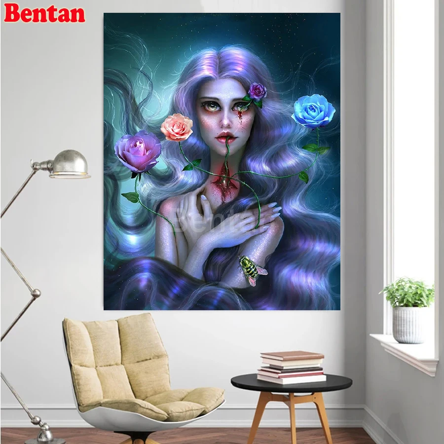 Cartoon beauty rose bee Diamond Painting Picture of Rhinestones diamond embroidery mosaic diamond cross-stitch Long hair girl