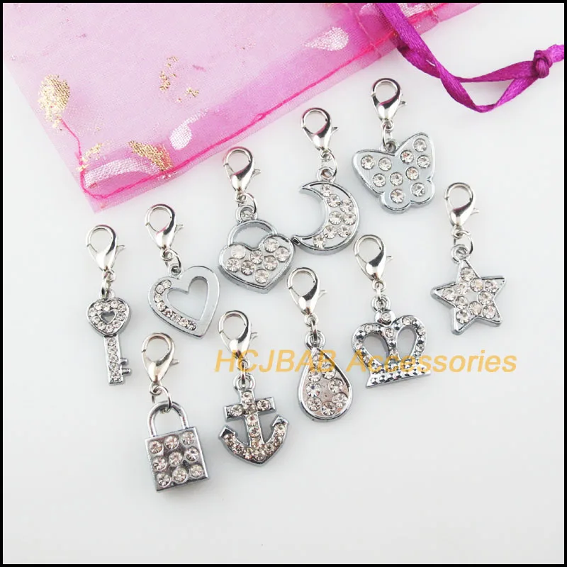 10Pcs Retro Tibetan Silver Plated Heart Cross Star Crown Teardrop Butterfly Charms Pendants With Lobster Claw Clasps