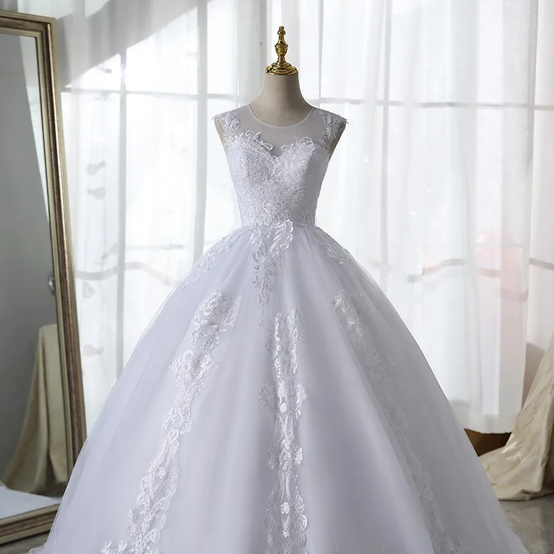 Vestido de casamento de renda branca pura com trem sem mangas vestido de noiva com zíper traseiro vestido de baile de luxo robe de noiva cu