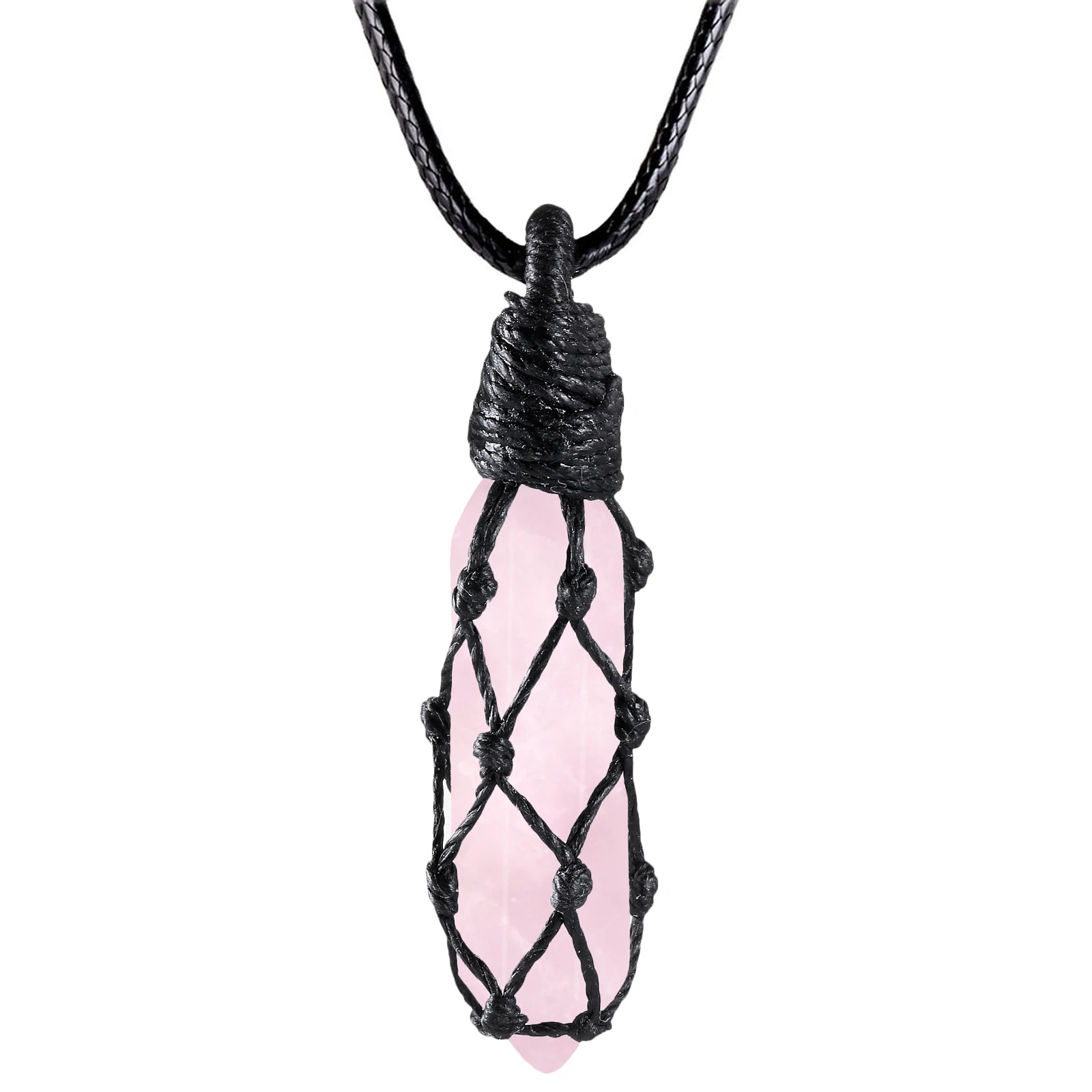 

Hexagonal Crystal Point Stone Pendant Necklace with Wax Rope Wrapped, Natural Double Terminated Cystal Wands Stone Necklace for