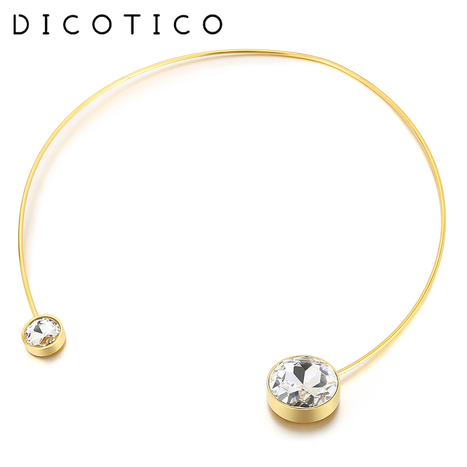 DICOTICO Simple Clear Crystal Glass Choker Necklace For Women Stainless Steel Women Cuff Torques Mujer Wedding Jewelry Accessory