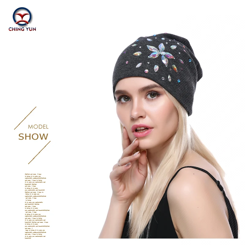 CHING YUN 2019New Fashion  Winter Warm  three colors big Rhinestone  Cute High Quality Wool Female Hat Solid Color Knitted Hat