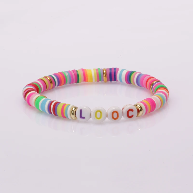 boho statement jewelry 26 initial alphabet Love letter words charm rainbow clay silicone plastic beaded bracelets for woman