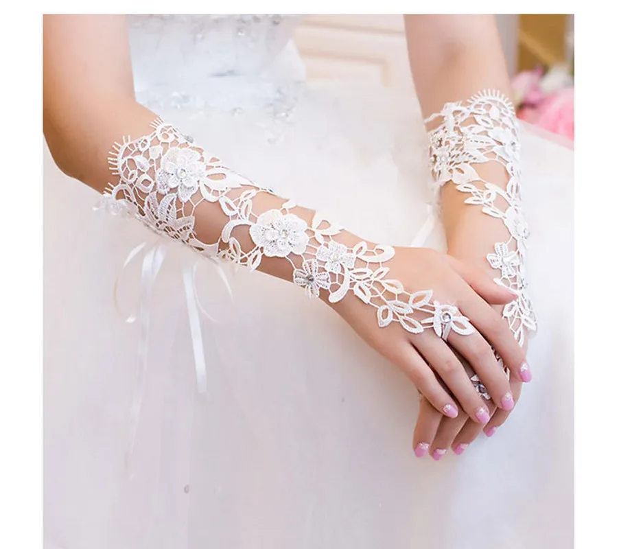 In Stock Lace Gloves Lace Appliques Beads Ivory or White Fingerless Beads Gloves Crystals Lace Glove