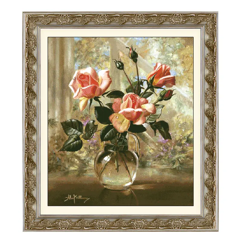 

Blooming Flowers in Full Embroidery Fishxx Cross Stitch Kit Williams WL10 Pink Yellow Rose European Style Living Room Decoration