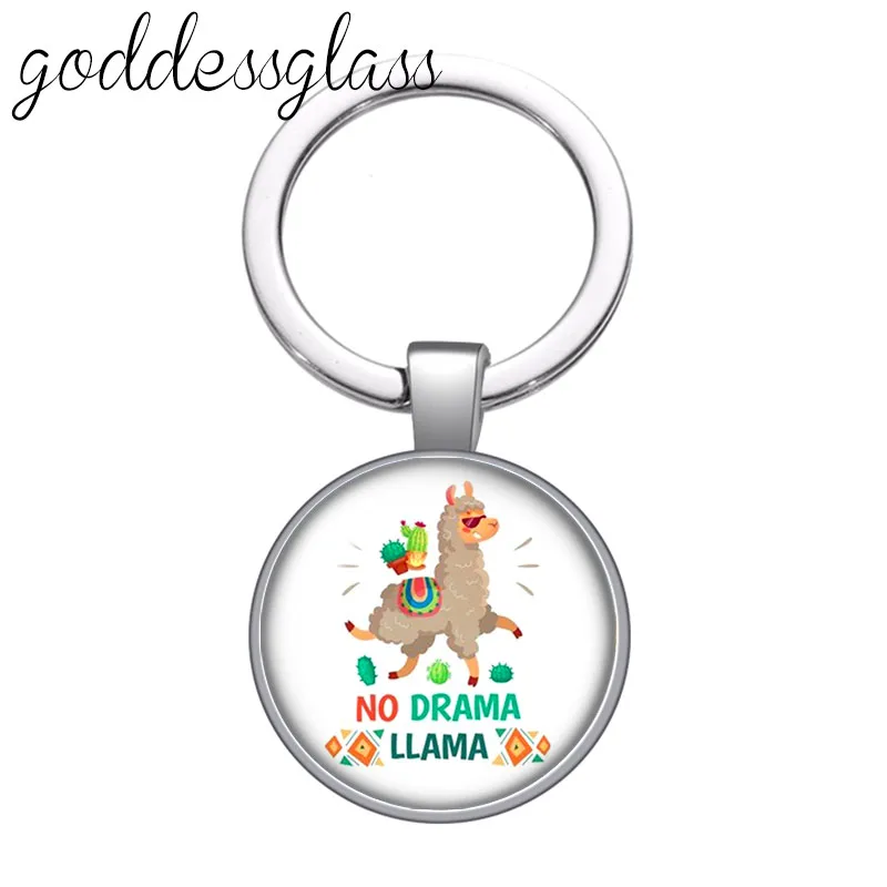 Lovely Alpaca NO DRAMA LLAMA Fashion Cute glass cabochon keychain Bag Car key chain Ring Holder Charms keychains for Gifts