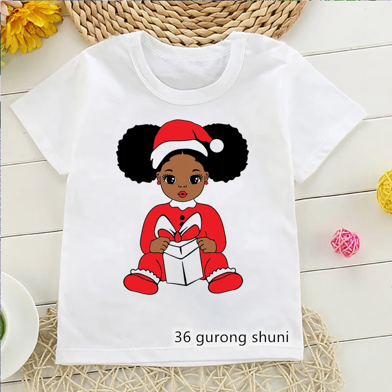 

Cute Black Girl Swith Christmas Hat African Black Paint Girls T-Shirt Summer Fashion Black Girls Tshirt White Camisole Tee Tops