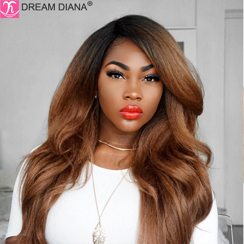 DreamDiana Brazilian Ombre Yaki Human Hair Wigs 150 Density Ombre Frontal Wig With Black Roots 13x4 Lace Frontal Human Hair Wigs