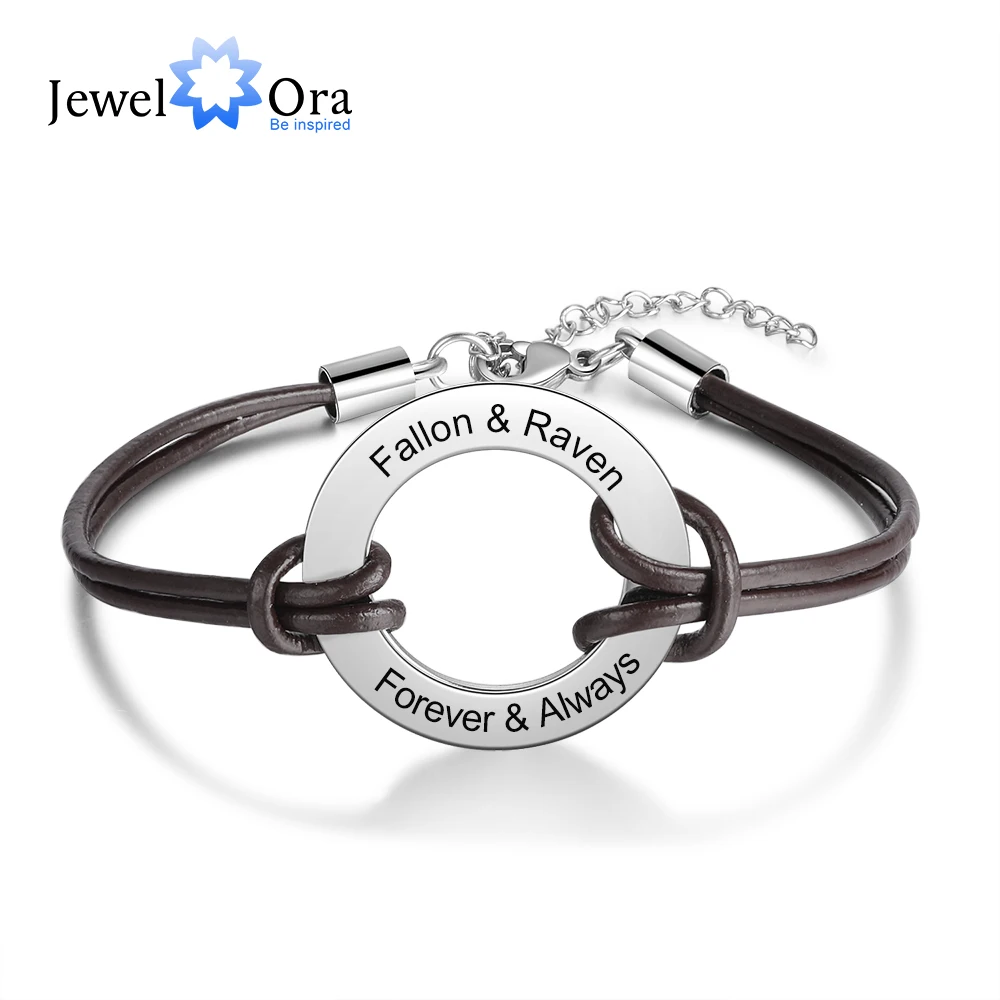 JewelOra Customized Stainless Steel Circle Bracelets for Women Men Personalized Engraved Name Leather Bracelet Jewelry Gifts