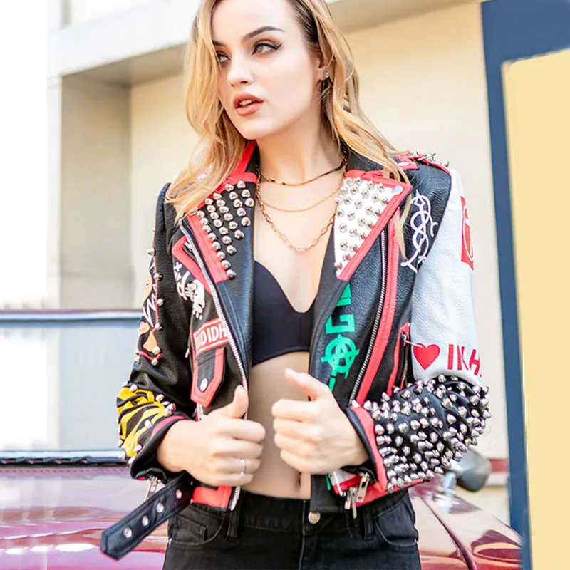 DJ Costume Faux Leather Short Jacket  Women Punk Style Graffiti Studded Rivet and Chain Fashion High Waist Motor Jackets