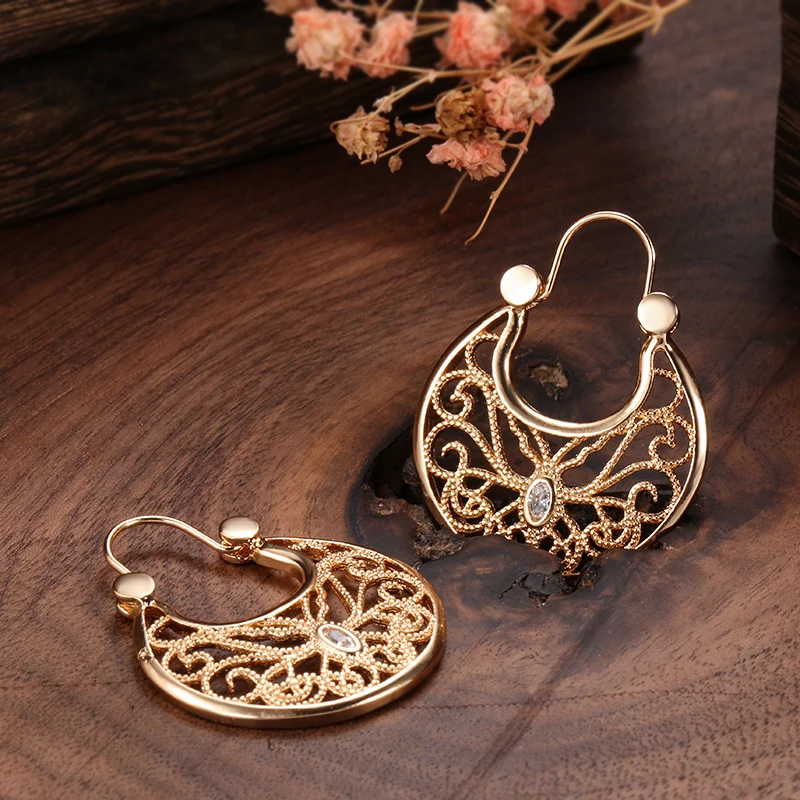 New Ethnic Bride Jewelry Hollow WeaveTexture Vintage Gold Plated Earrings Boho Women Earrings Wedding Round Hoops Earrings Gift