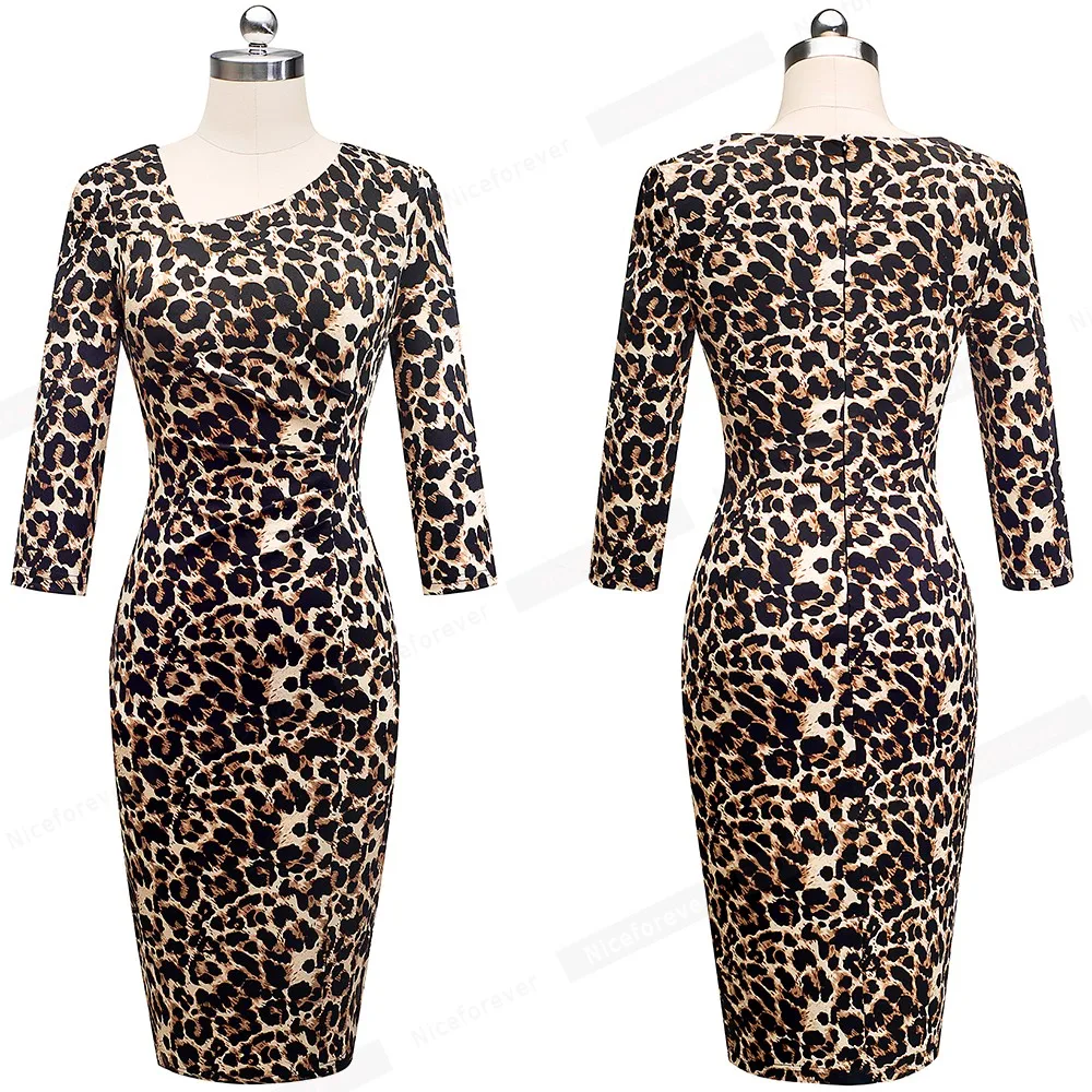 Nice-forever Autumn Women Vintage Leopard Print Dresses Business Formal Party Bodycon Slim Fitted Dress btyB565