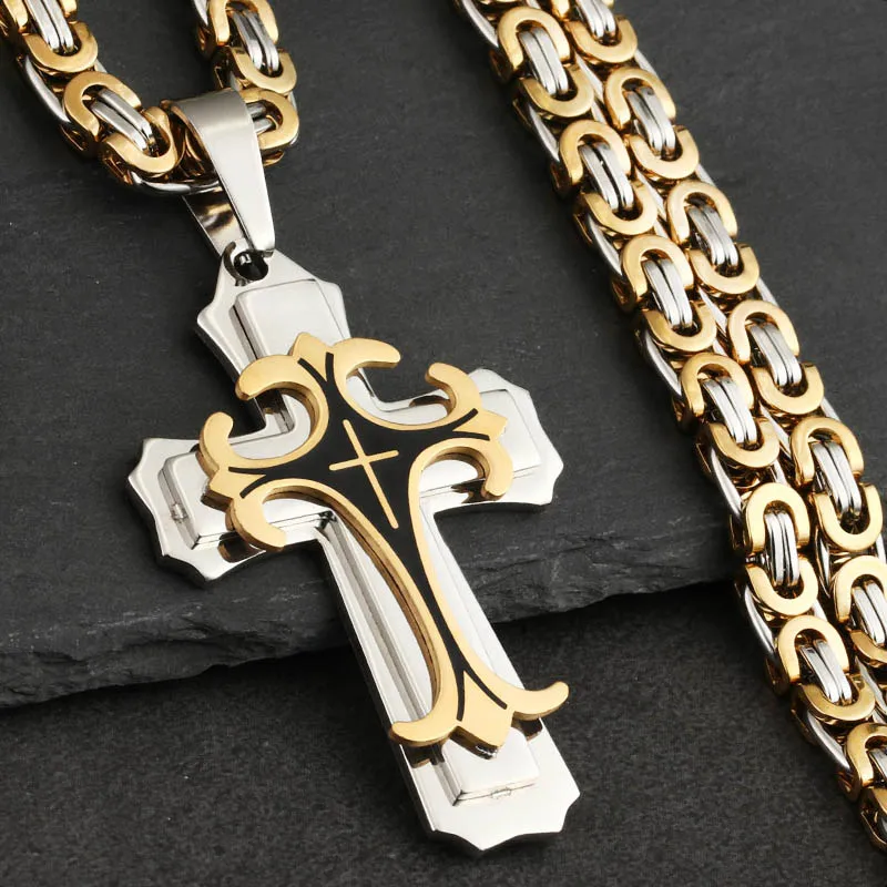 Male Vintage Christian Trinity Latin Cross Necklace Multi-layers Stainless Steel Cross Pendants Necklaces Catholic  Jewelry