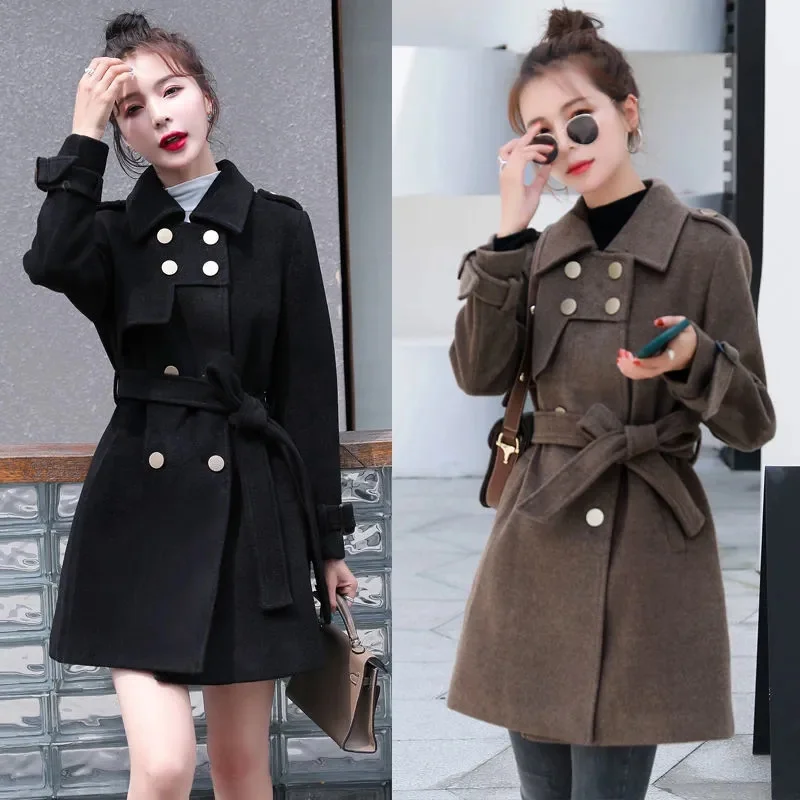 

Double-Breasted Woolen Coat Women Fall/Winter 2021 New Slim Slimming Lapel Belt Fashion Female Woolen Coat Commuter Solid Color